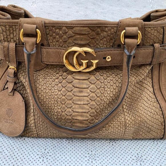 Gucci Women Tote Handbag Brown Python GG Running  Satchel Bag - Picture 7 of 16